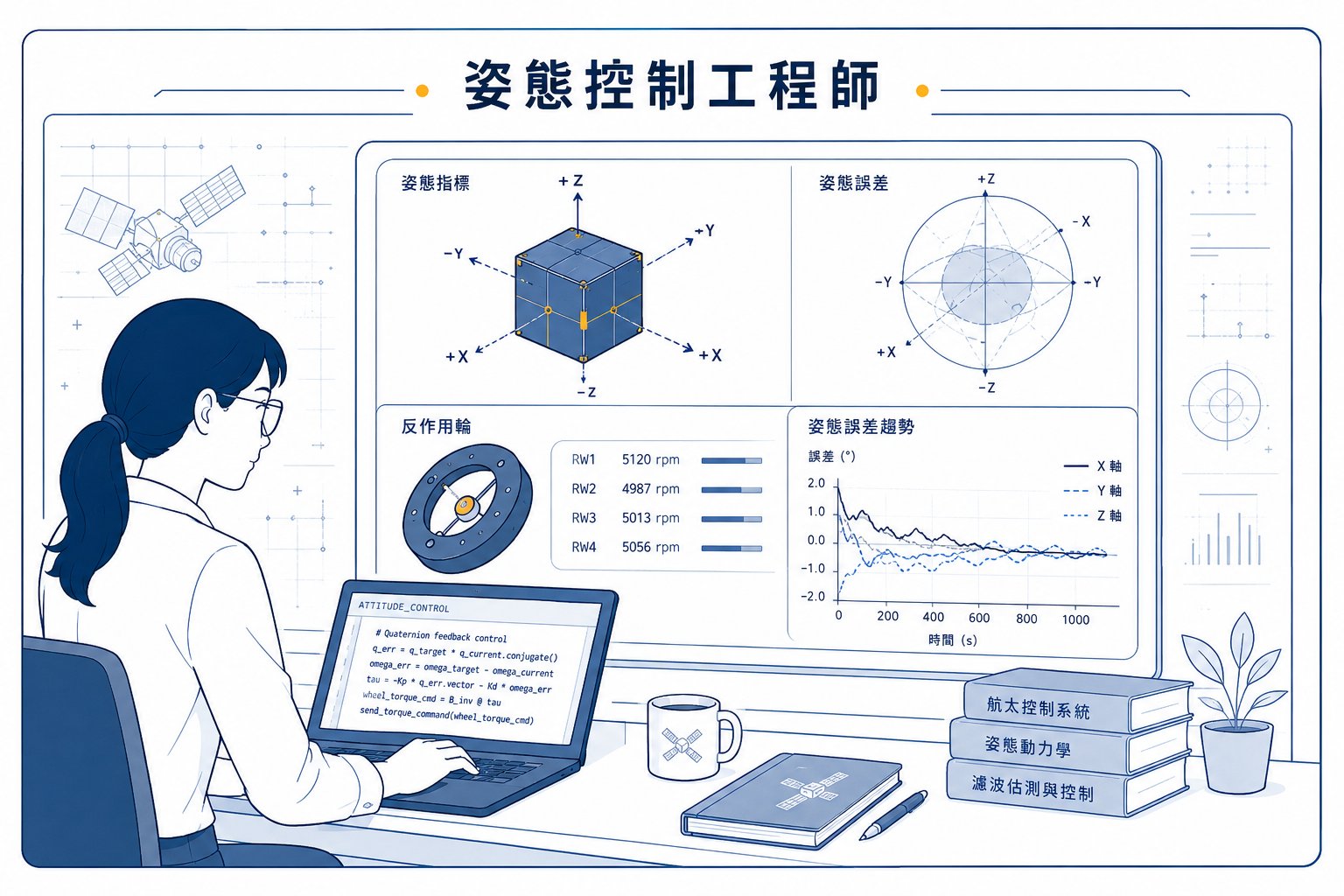 姿態控制工程師的工作情境插畫