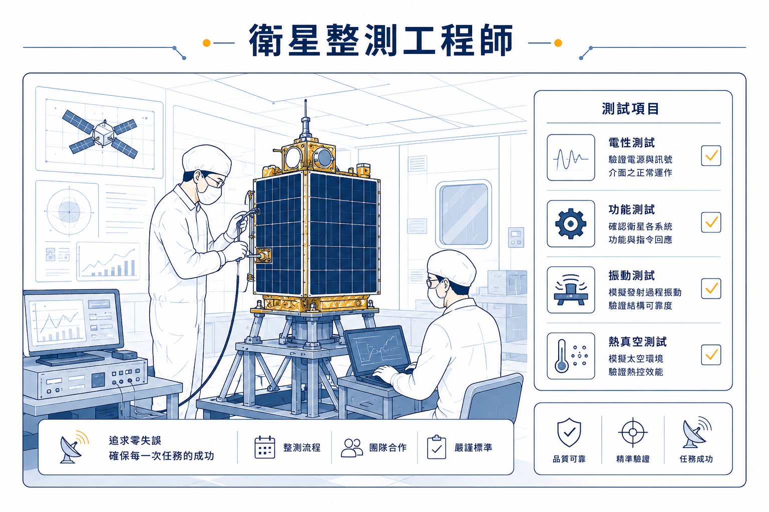 衛星整測工程師的工作情境插畫