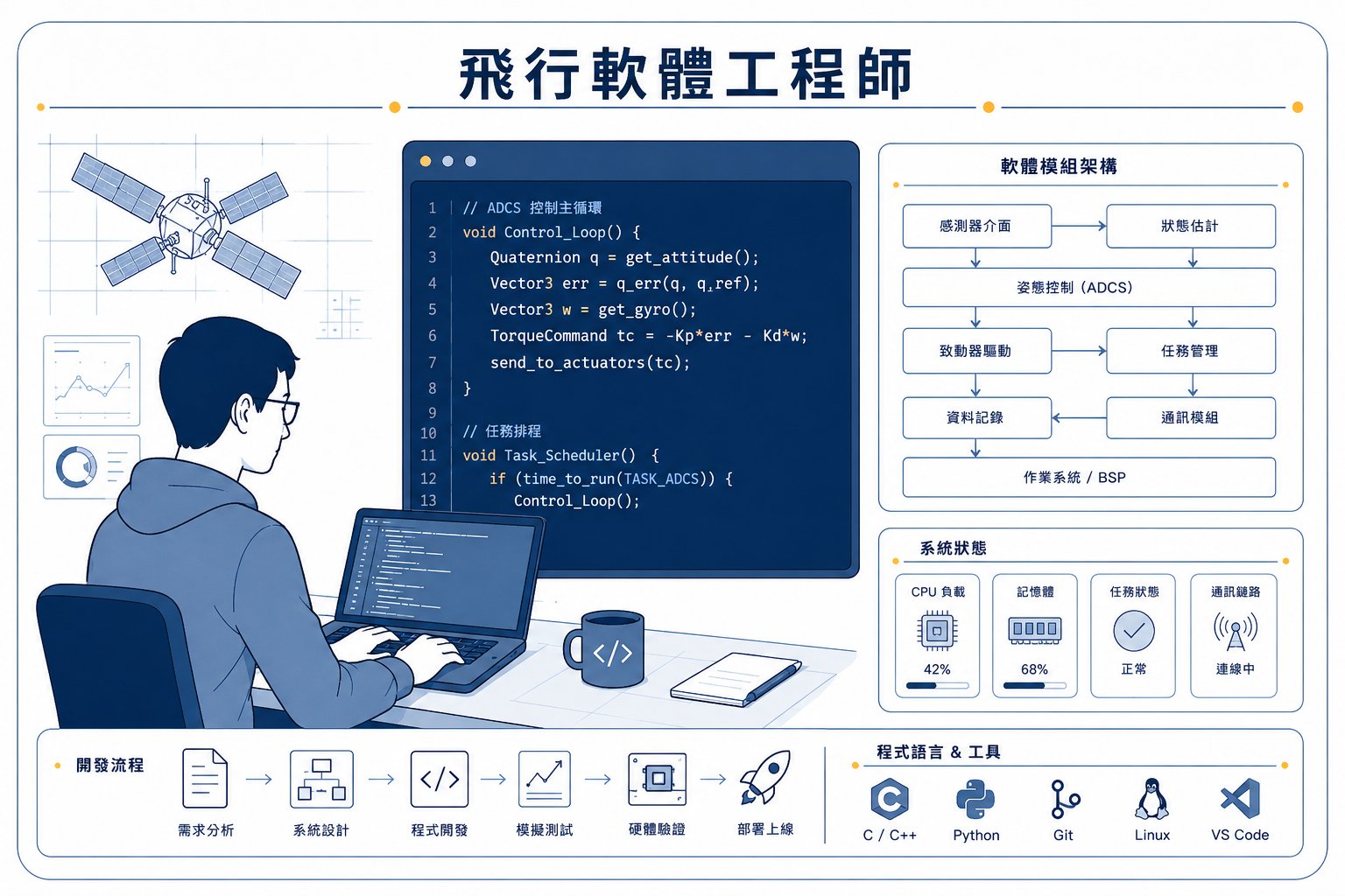 飛行軟體工程師的工作情境插畫