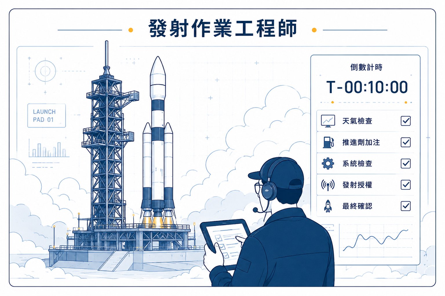 發射作業工程師的工作情境插畫