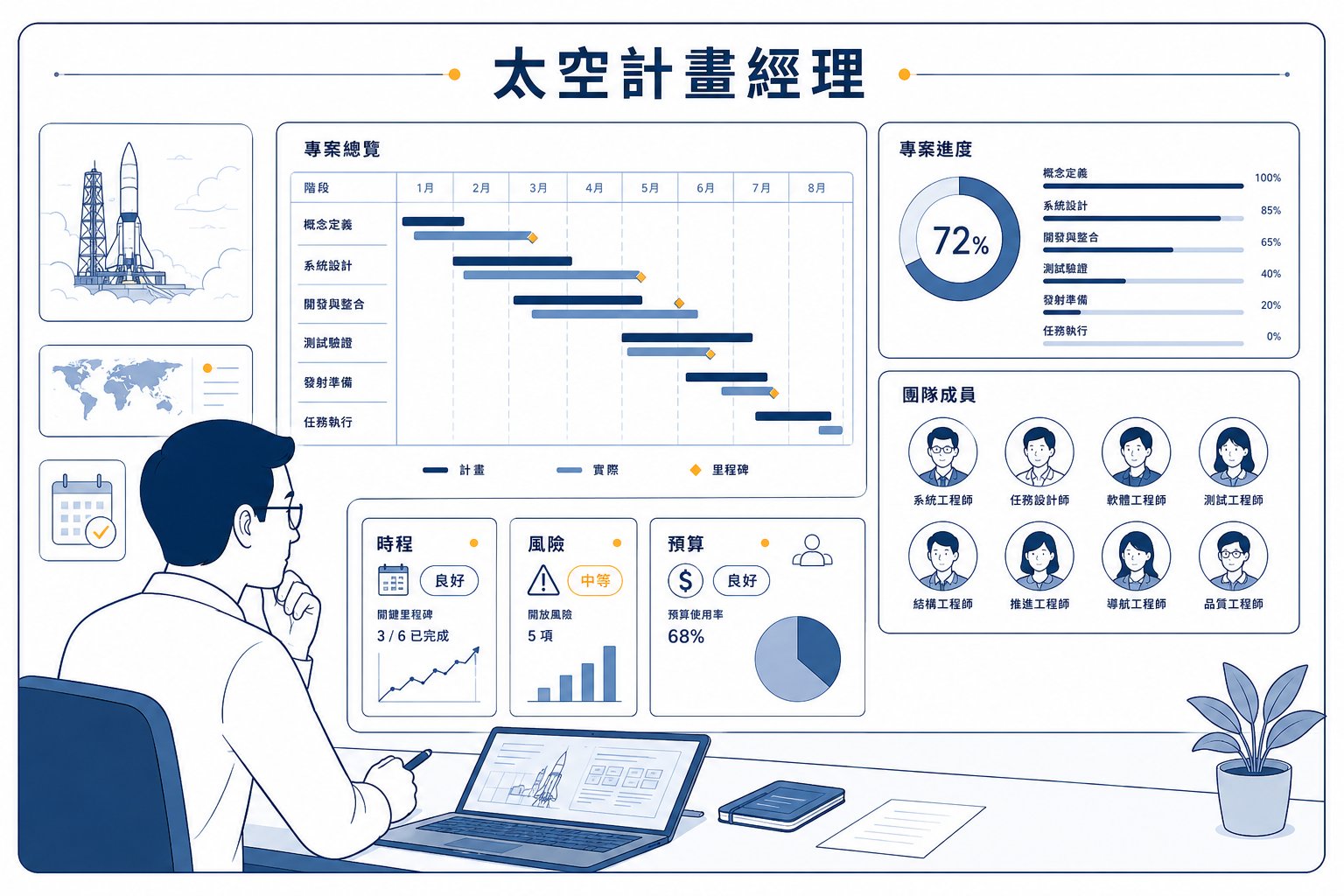 太空計畫經理的工作情境插畫