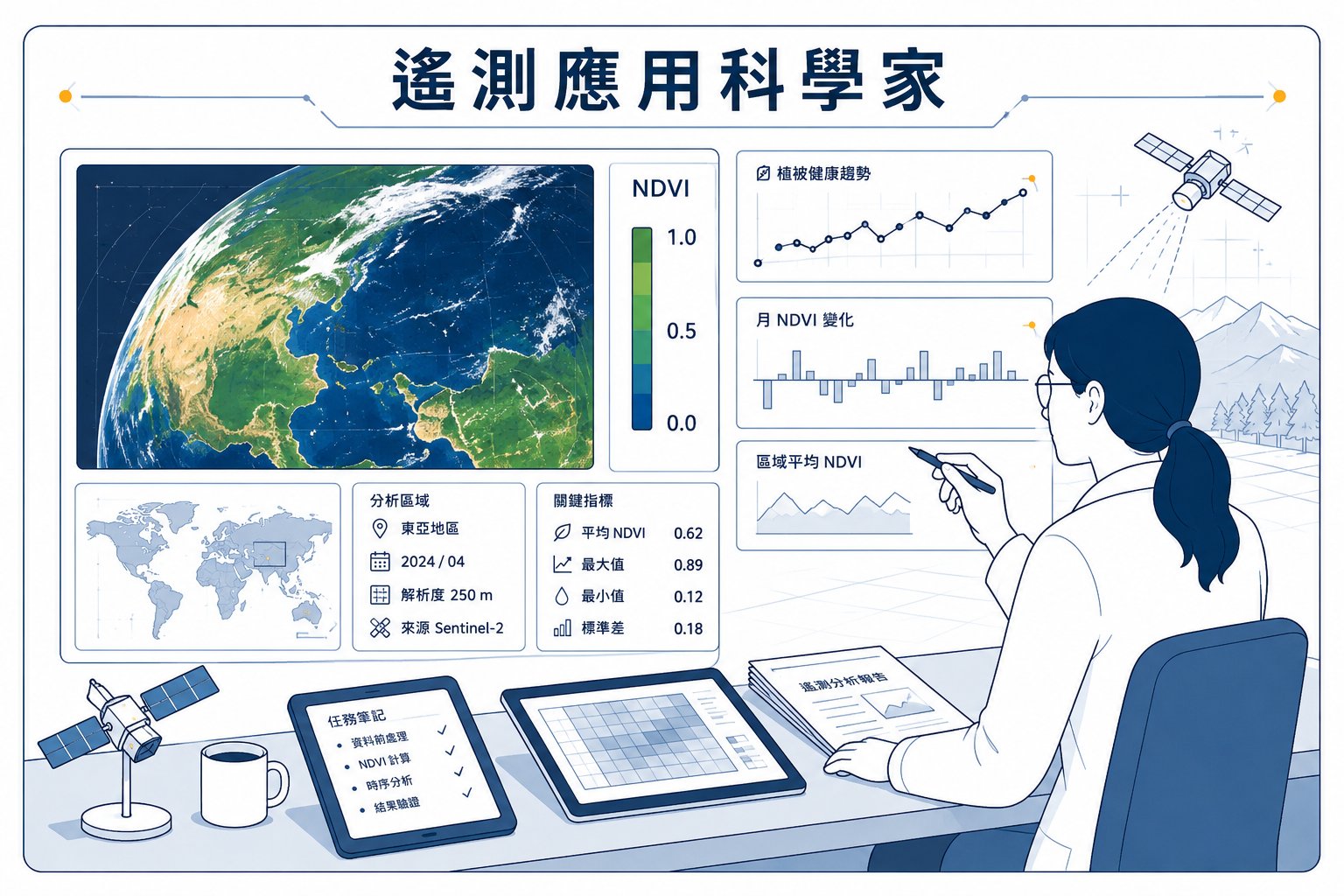 遙測應用科學家的工作情境插畫