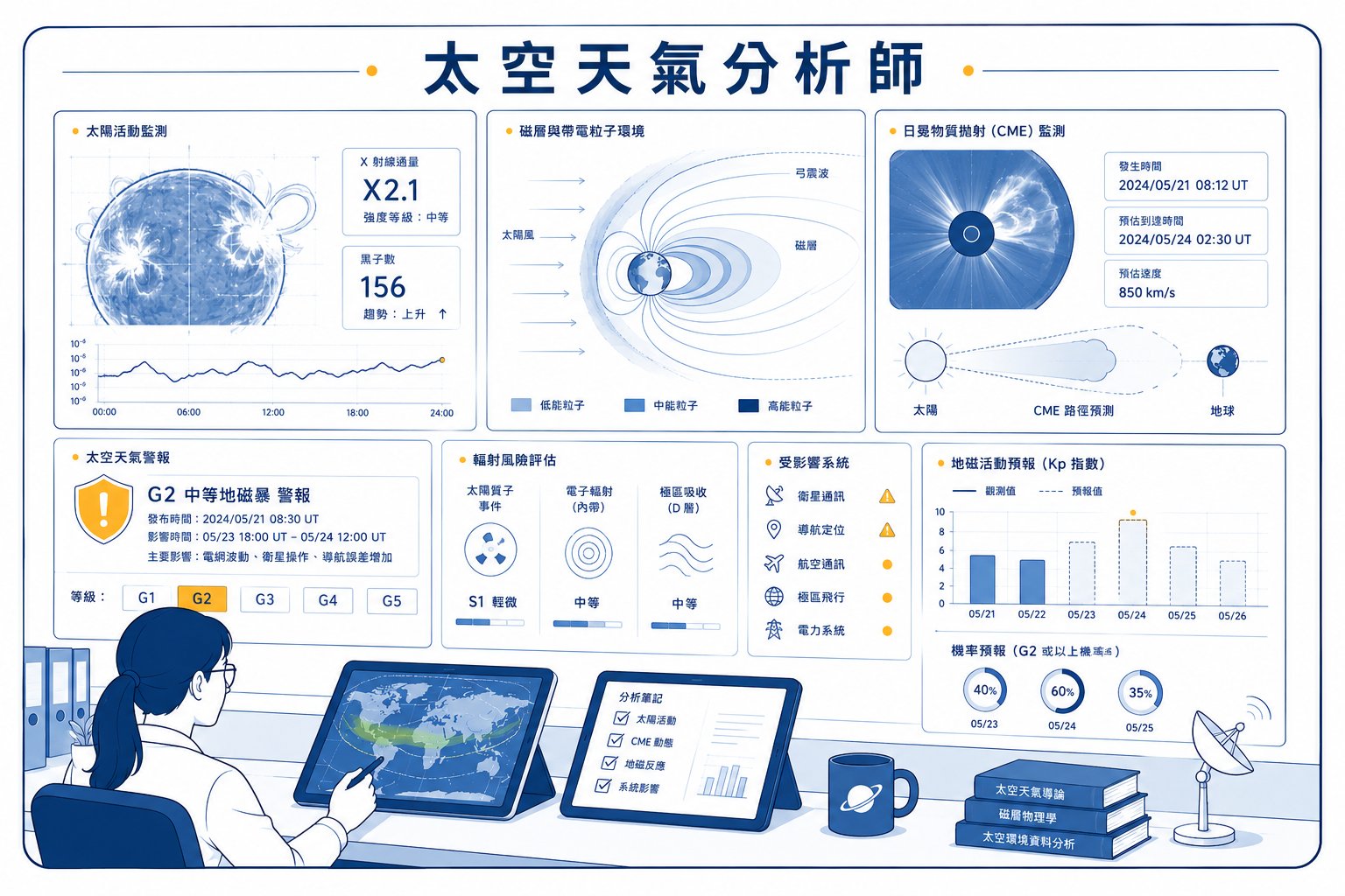 太空天氣分析師的工作情境插畫