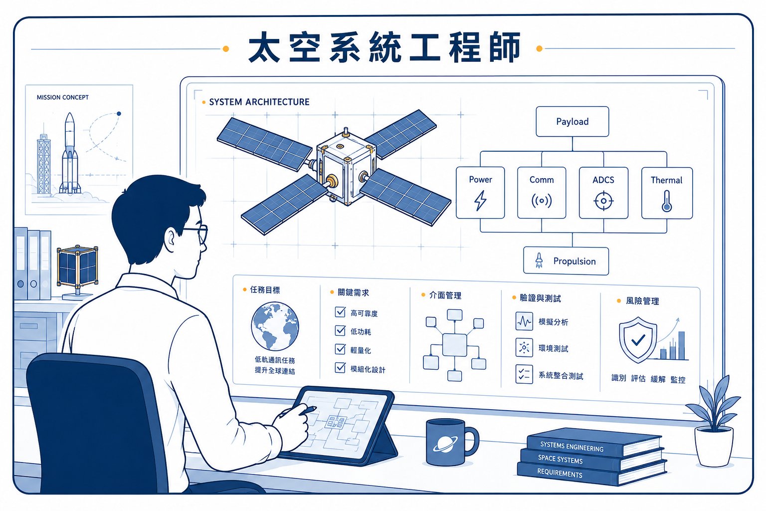 太空系統工程師的工作情境插畫